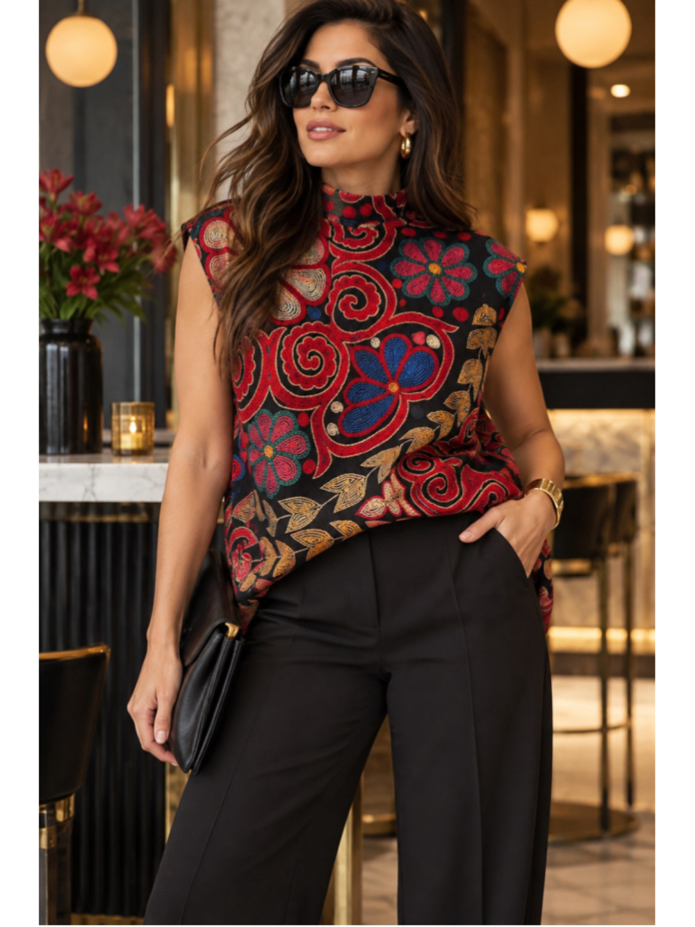 Vibrant Boho Floral Print Mock Neck Top Oversized Medium